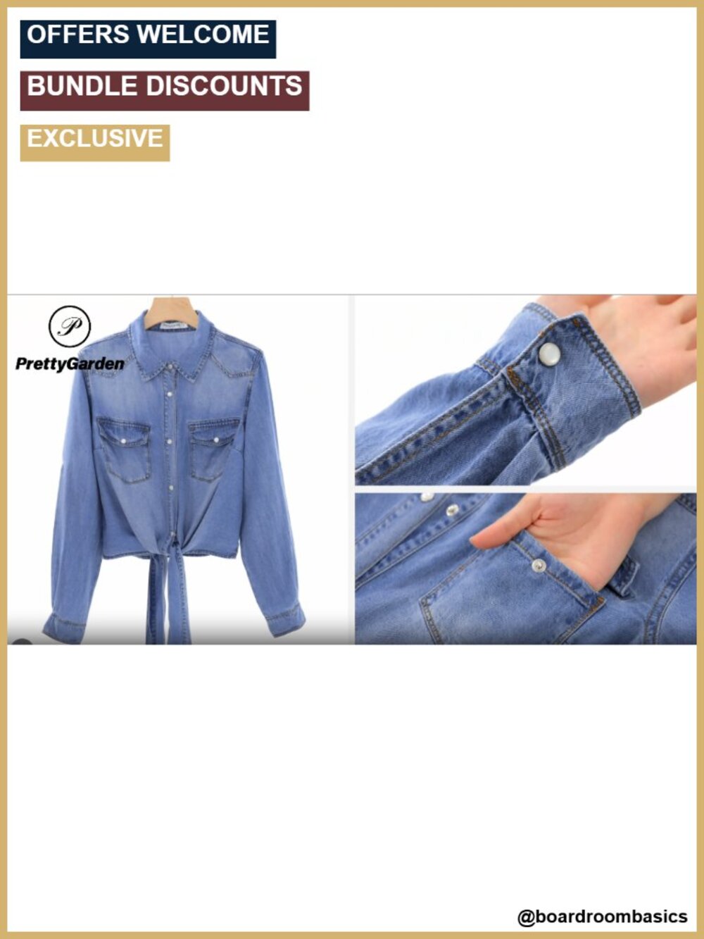 Womens Denim Button Down Crop Cardigan Rolled Sleeve Tie Front Jean Shirt - Picture 5 of 6